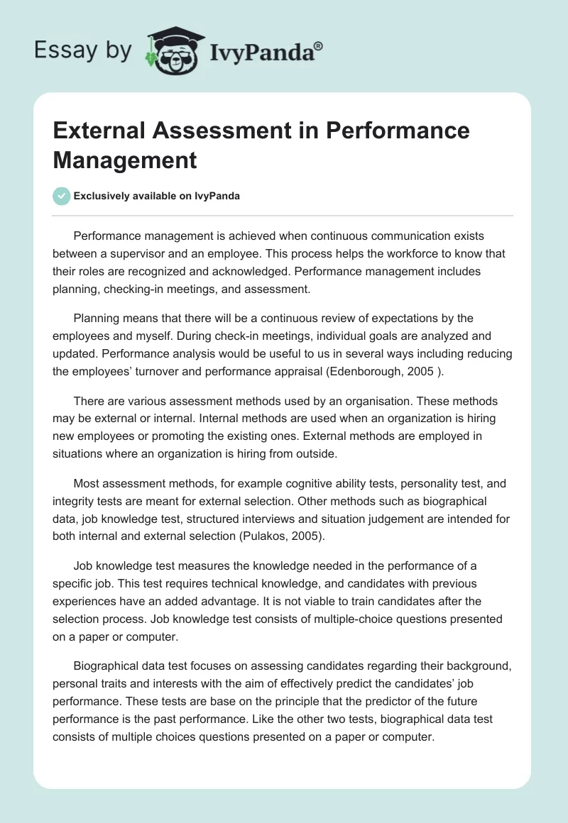 External Assessment in Performance Management. Page 1