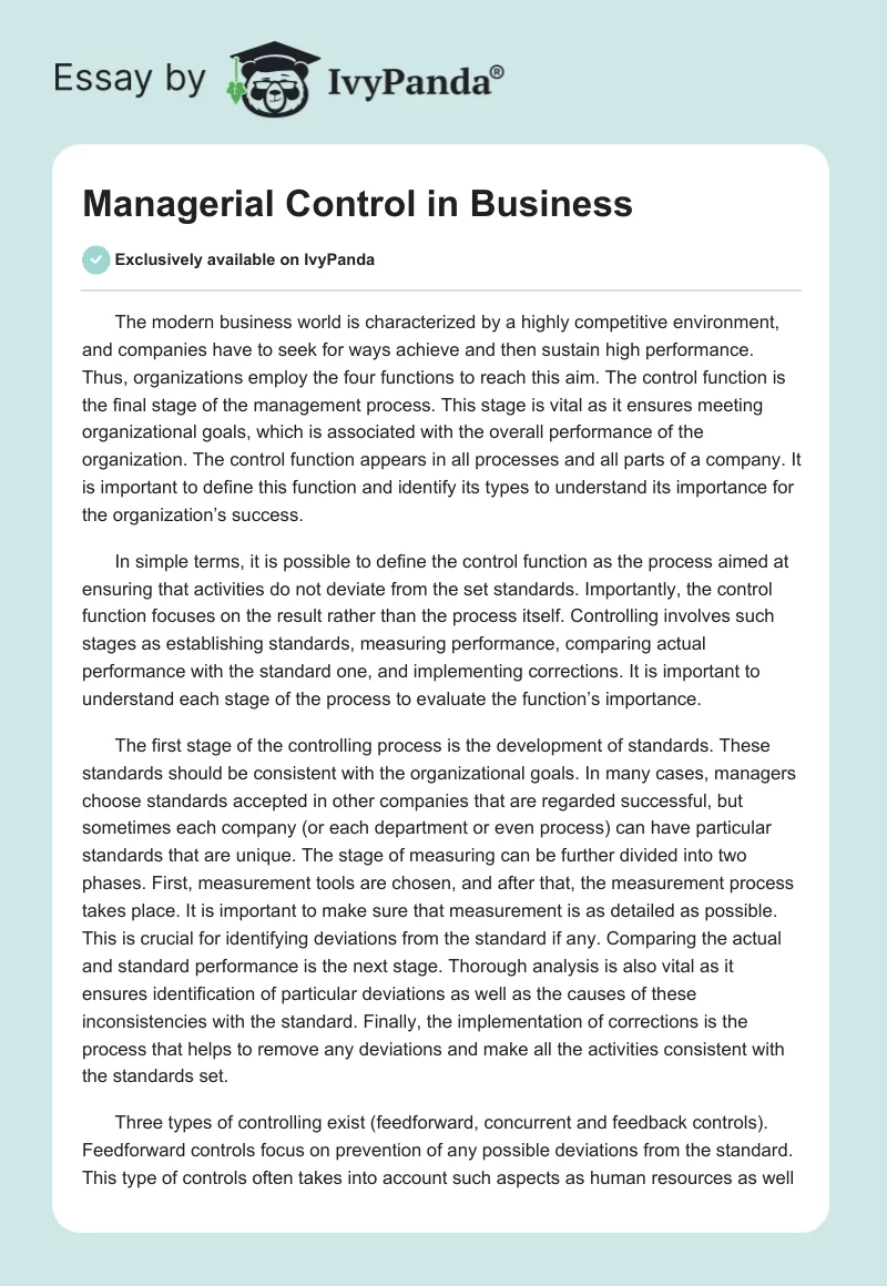 Managerial Control in Business. Page 1