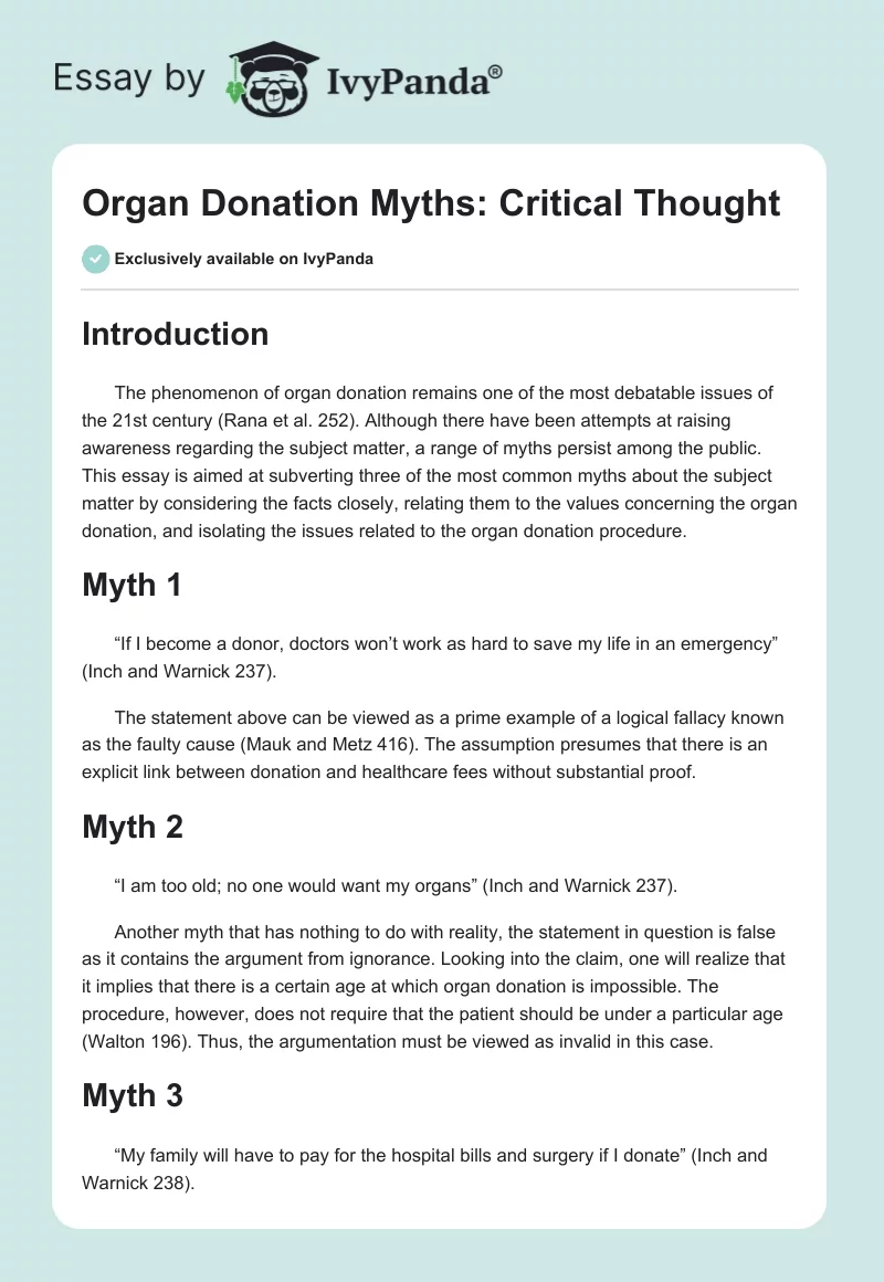 Organ Donation Myths: Critical Thought. Page 1