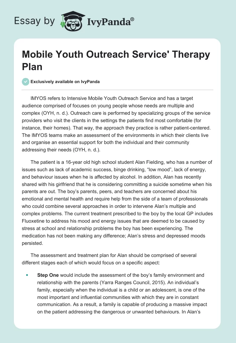 Mobile Youth Outreach Service' Therapy Plan. Page 1