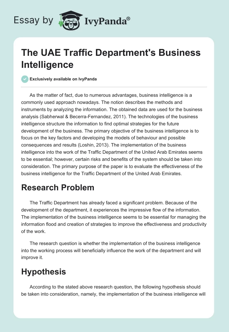 The UAE Traffic Department's Business Intelligence. Page 1