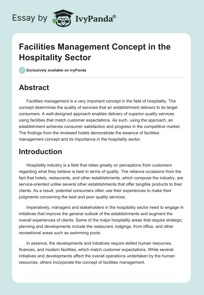 Facilities Management Concept in the Hospitality Sector. Page 1
