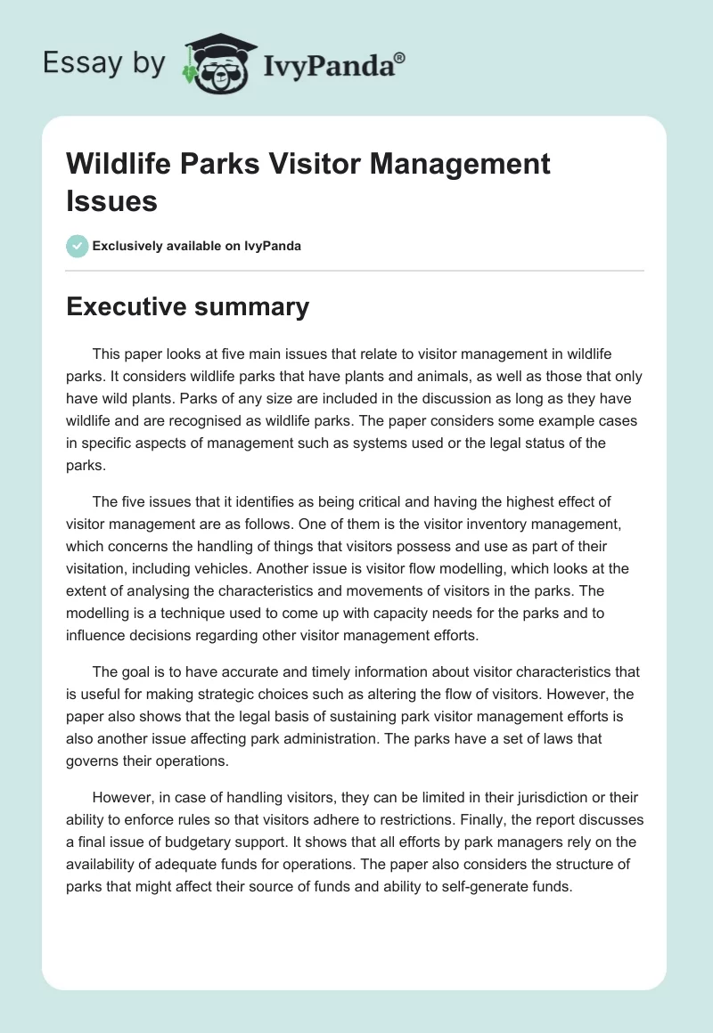 Wildlife Parks Visitor Management Issues. Page 1