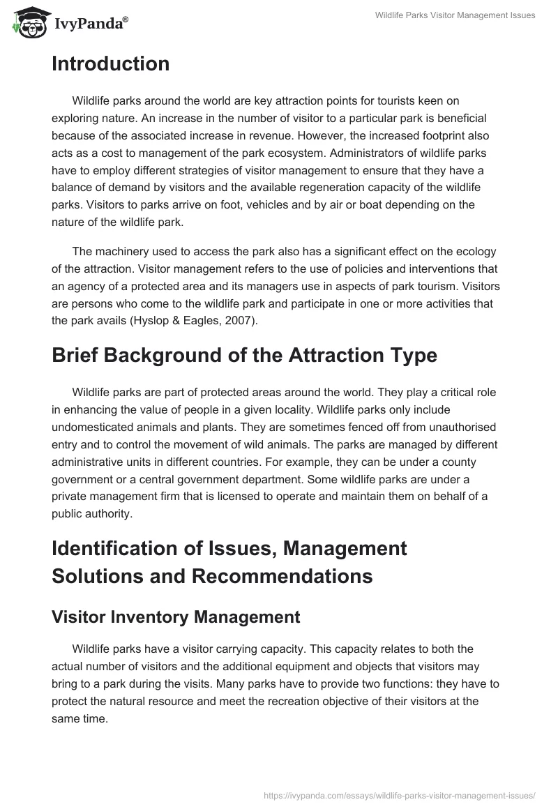 Wildlife Parks Visitor Management Issues. Page 2