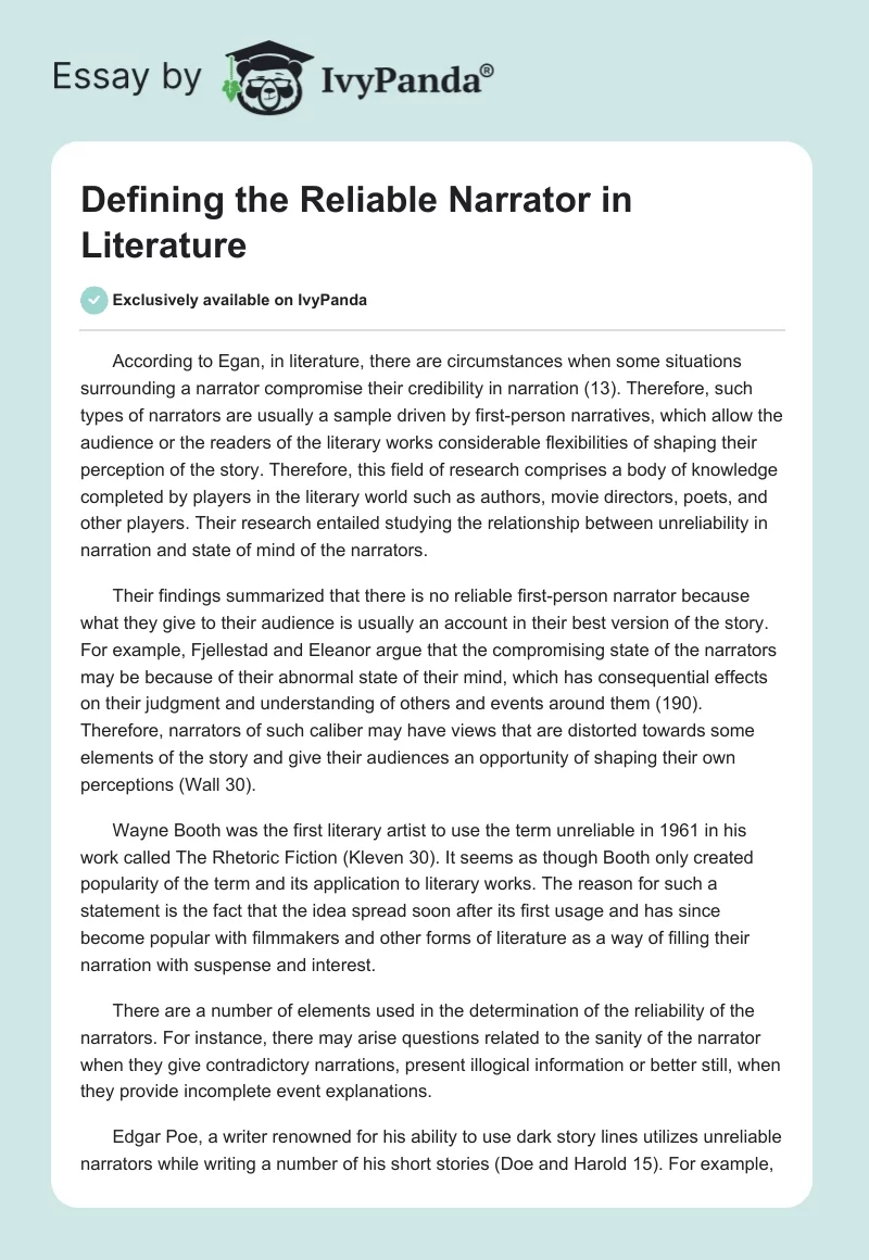Defining the Reliable Narrator in Literature. Page 1