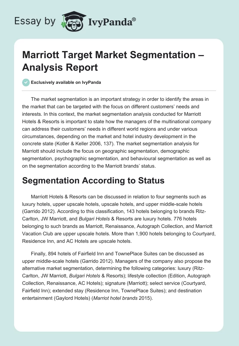 Marriott Target Market Segmentation – Analysis Report. Page 1
