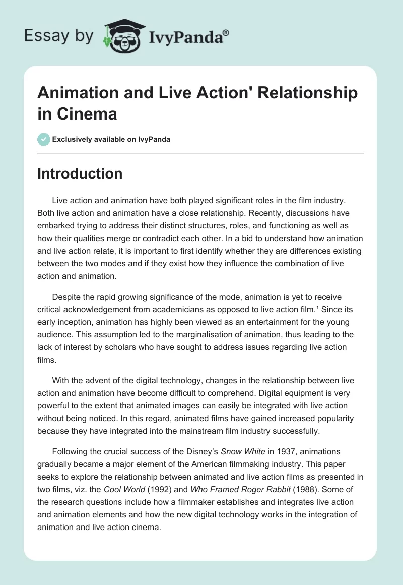 Animation and Live Action' Relationship in Cinema. Page 1