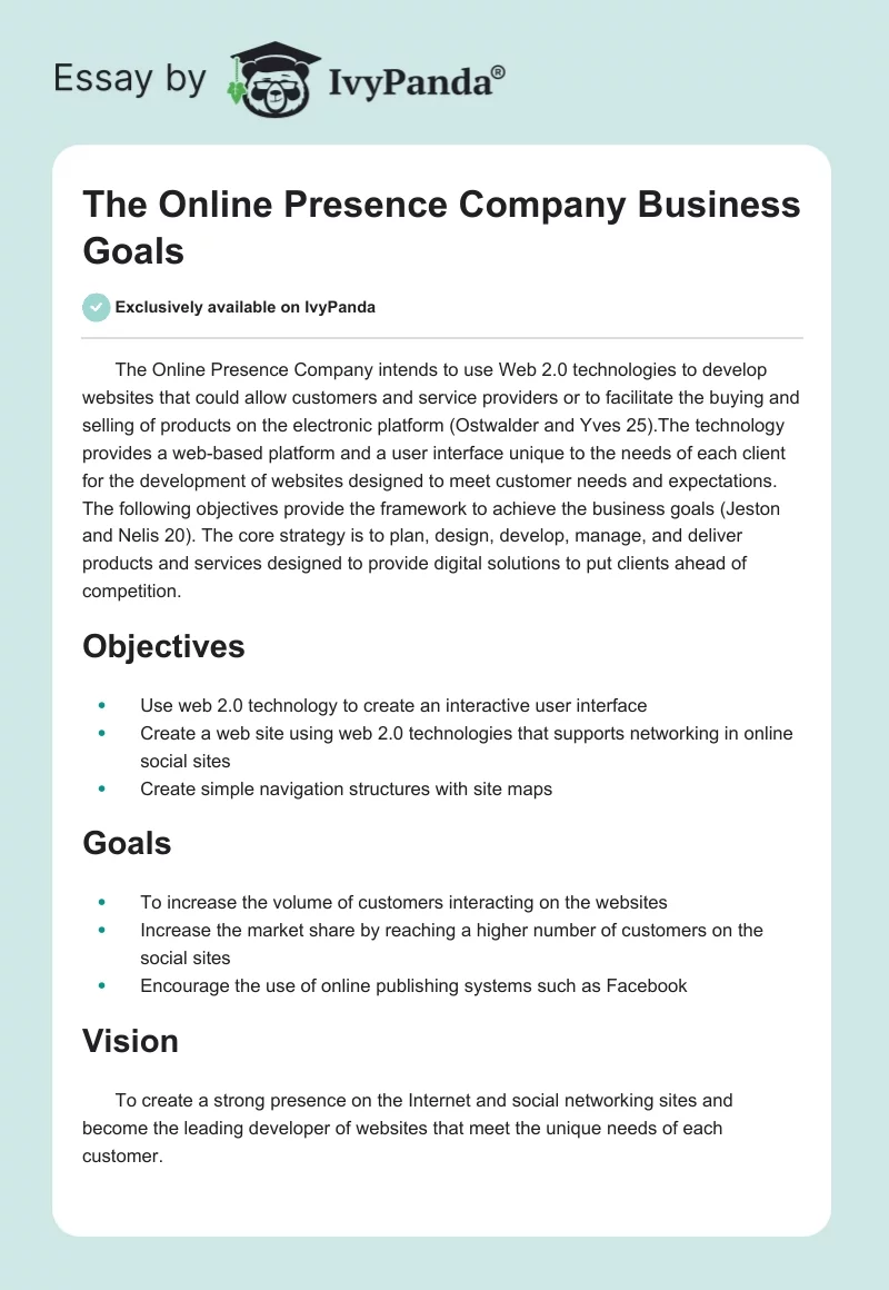 The Online Presence Company Business Goals. Page 1
