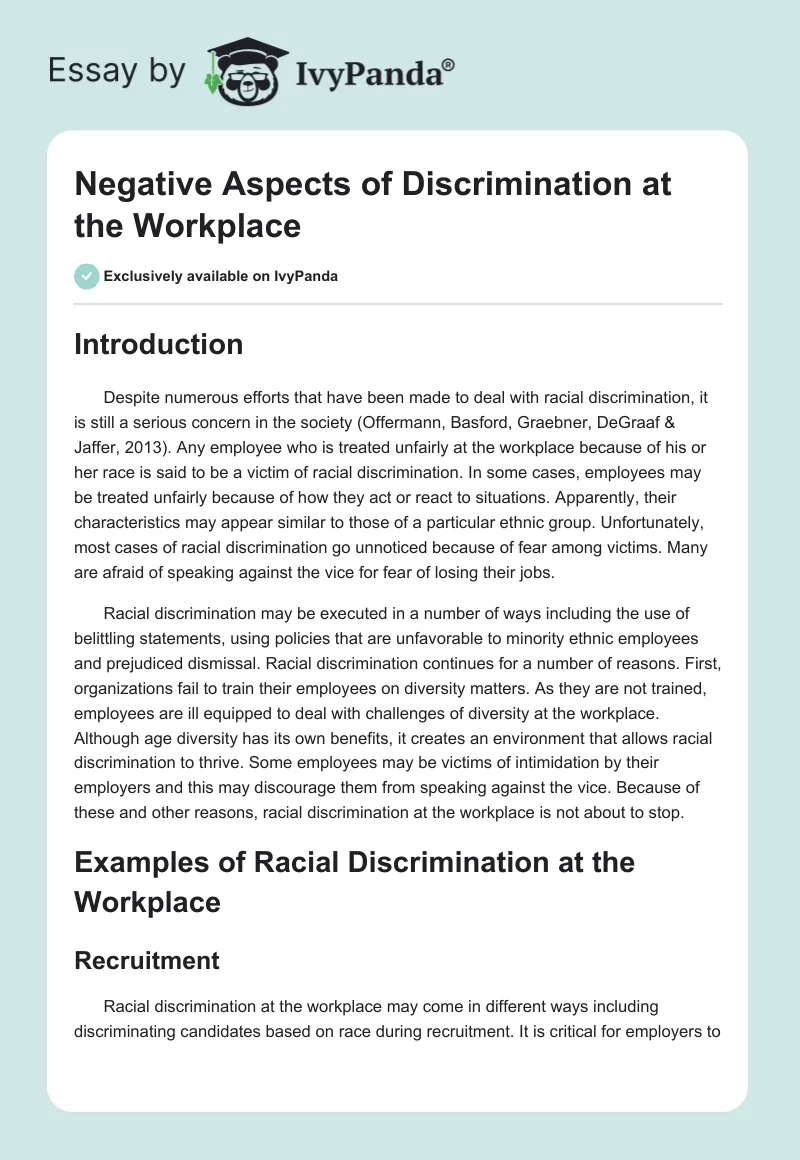 Negative Aspects of Discrimination at the Workplace. Page 1