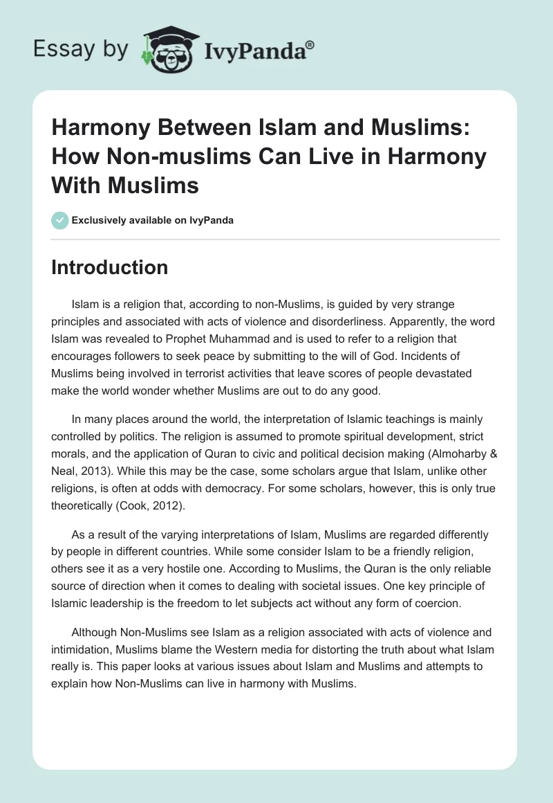 Harmony Between Islam and Muslims: How Non-muslims Can Live in Harmony With Muslims. Page 1