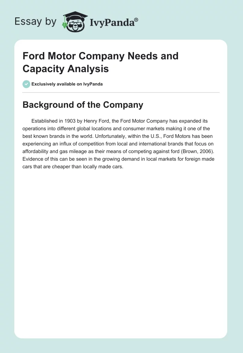 Ford Motor Company Needs and Capacity Analysis. Page 1