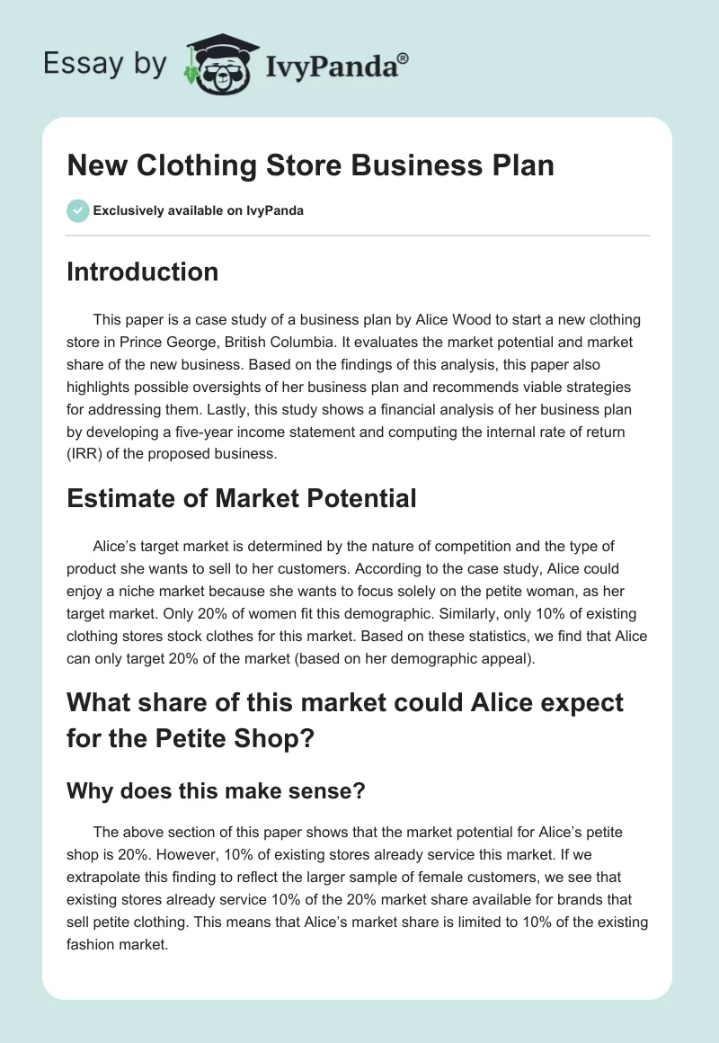 New Clothing Store Business Plan. Page 1