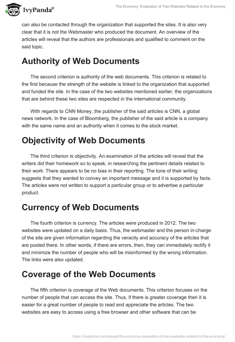 The Economy: Evaluation of Two Websites Related to the Economy. Page 2