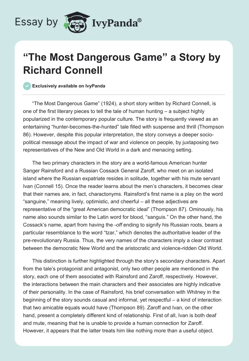“The Most Dangerous Game” a Story by Richard Connell. Page 1