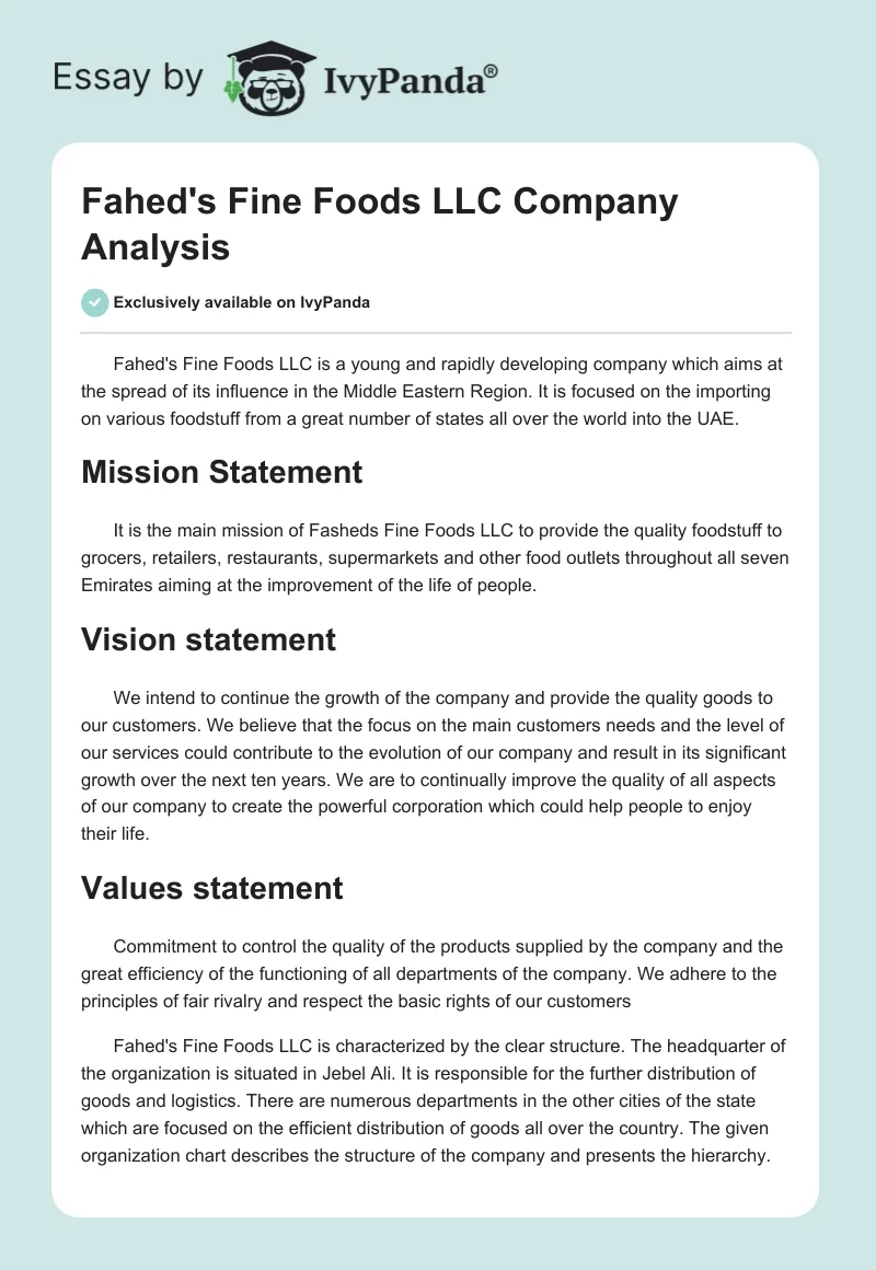 Fahed's Fine Foods LLC Company Analysis. Page 1