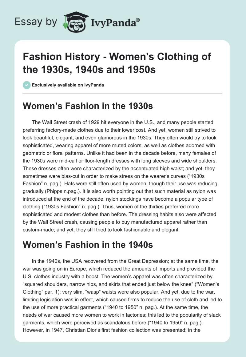 Fashion History - Women's Clothing of the 1930s, 1940s and 1950s. Page 1