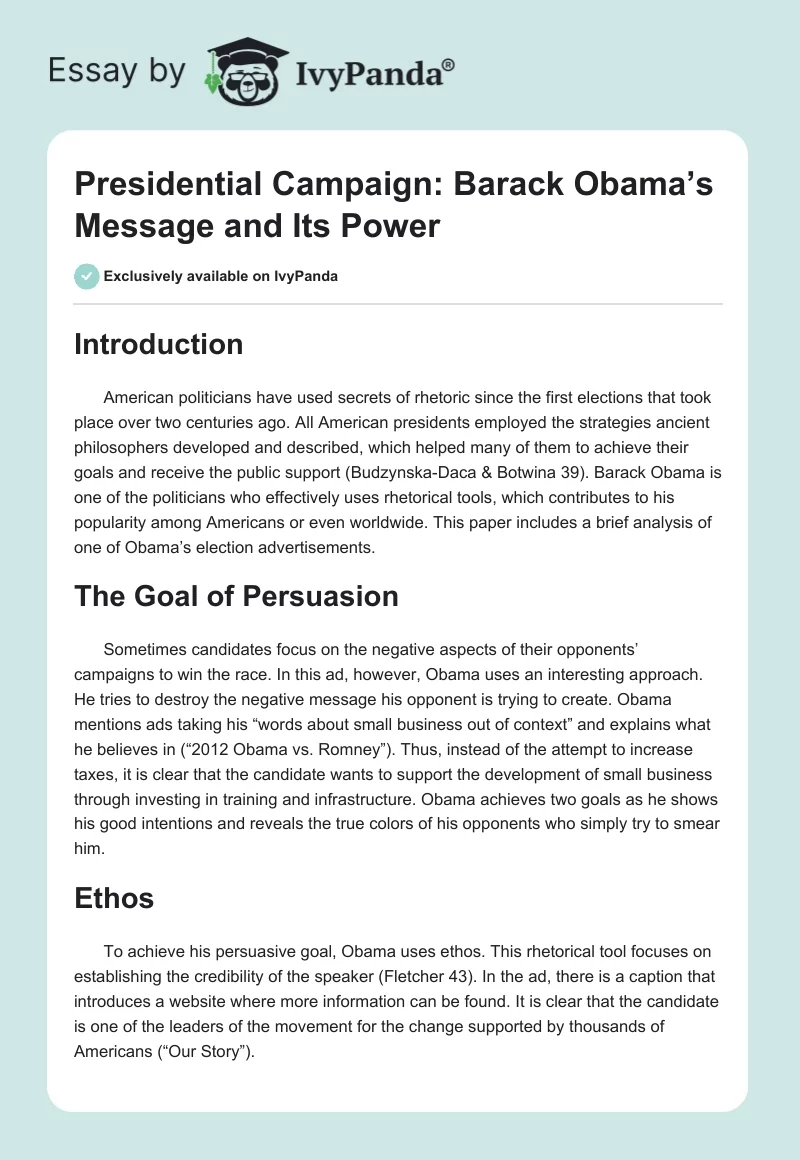 Presidential Campaign: Barack Obama’s Message and Its Power. Page 1