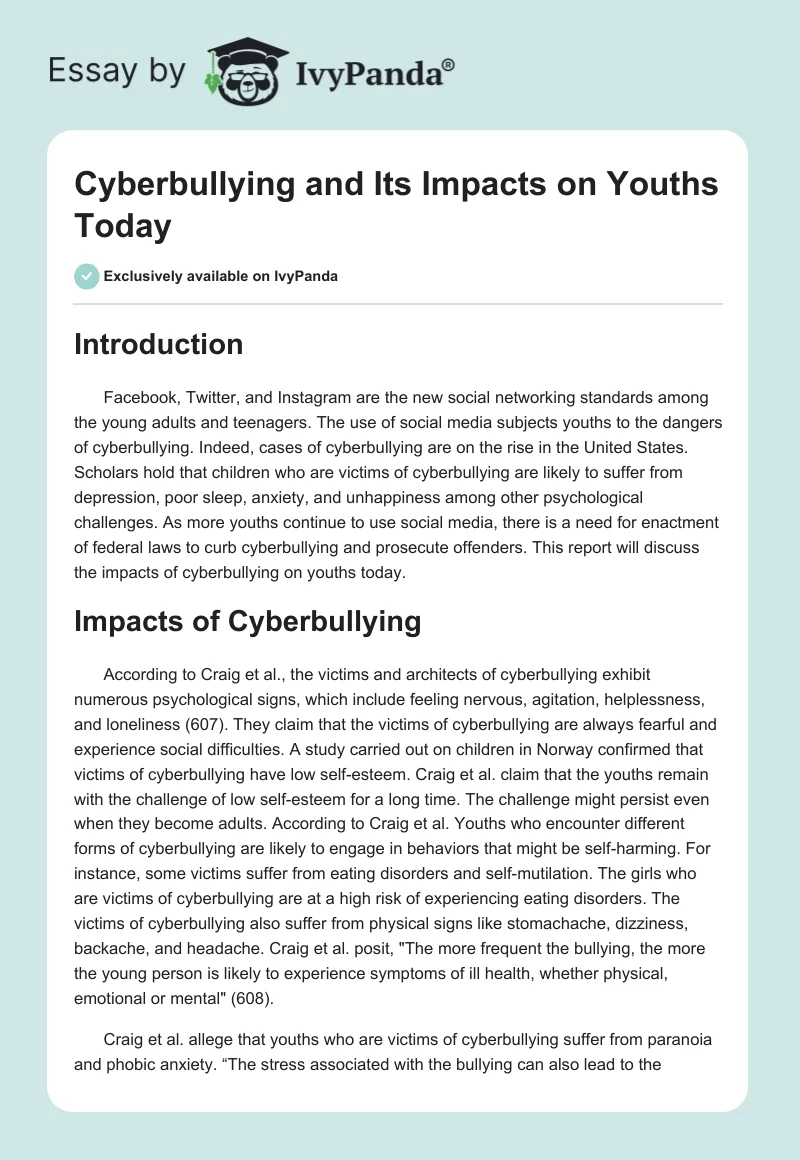 Cyberbullying and Its Impacts on Youths Today. Page 1