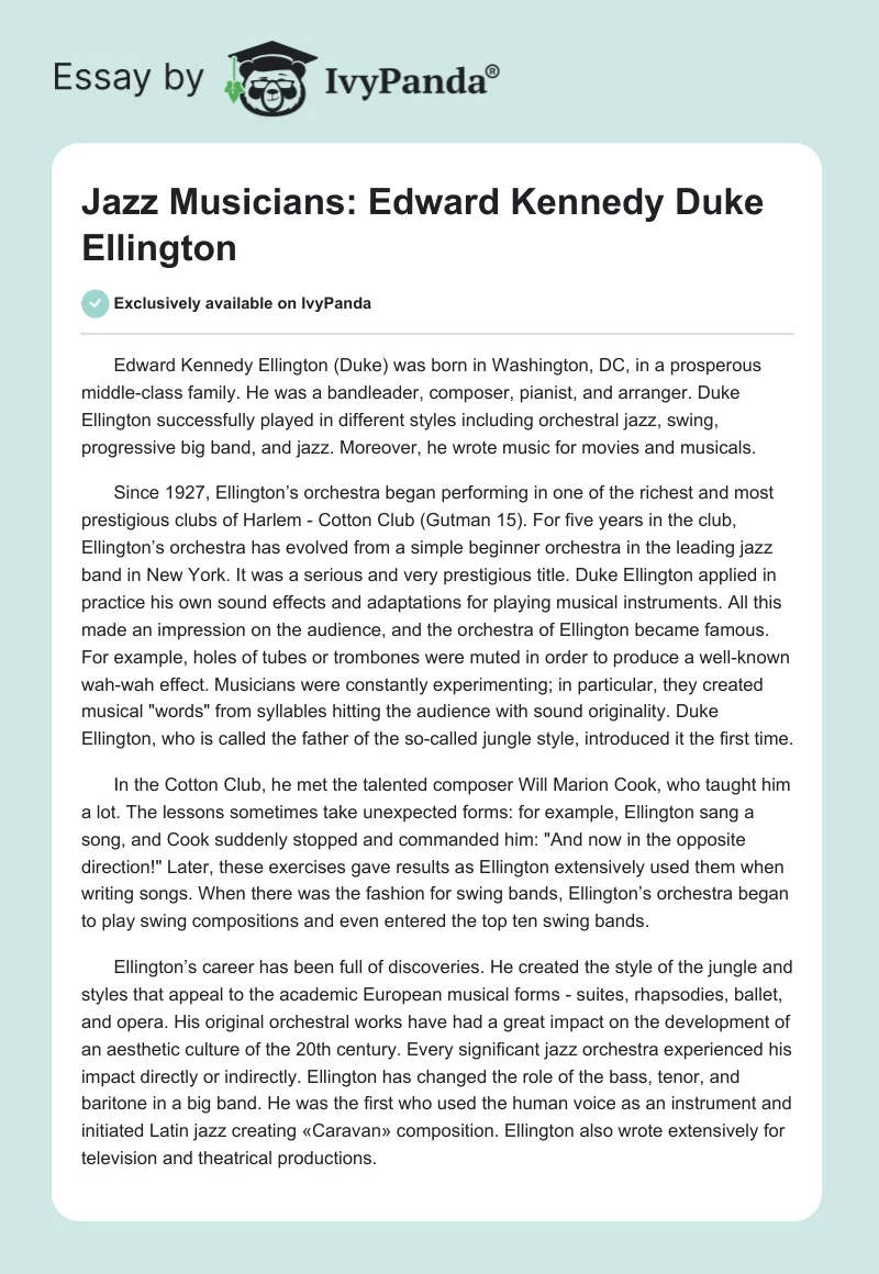 Jazz Musicians: Edward Kennedy "Duke" Ellington. Page 1