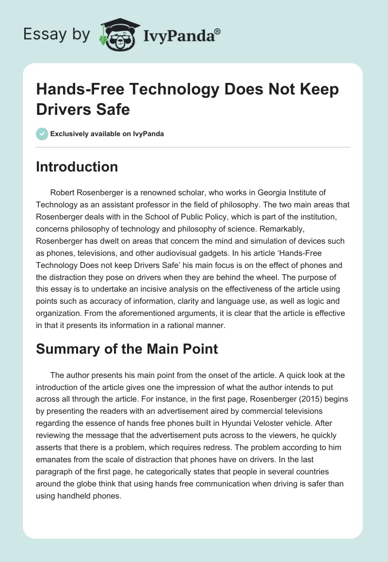 Hands-Free Technology Does Not Keep Drivers Safe. Page 1