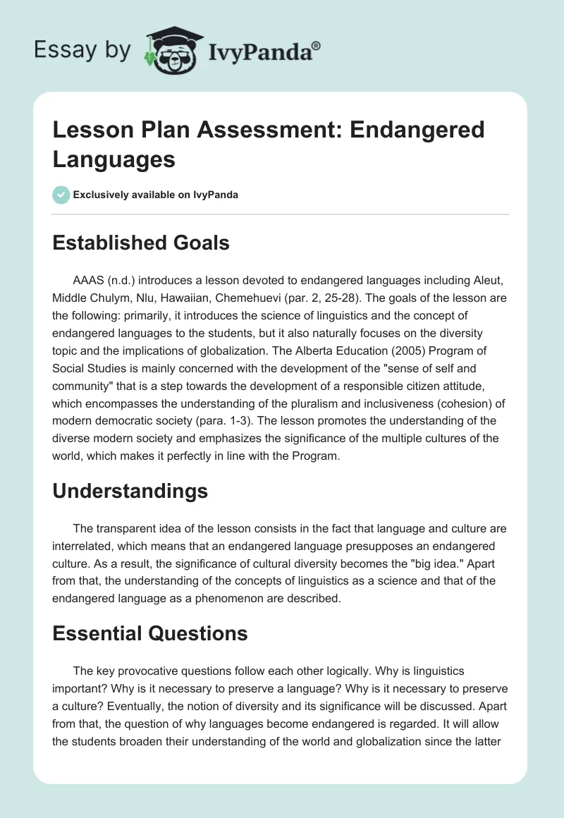 Lesson Plan Assessment: Endangered Languages. Page 1