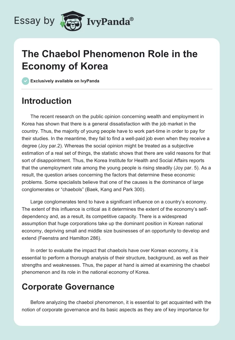 The Chaebol Phenomenon Role in the Economy of Korea. Page 1