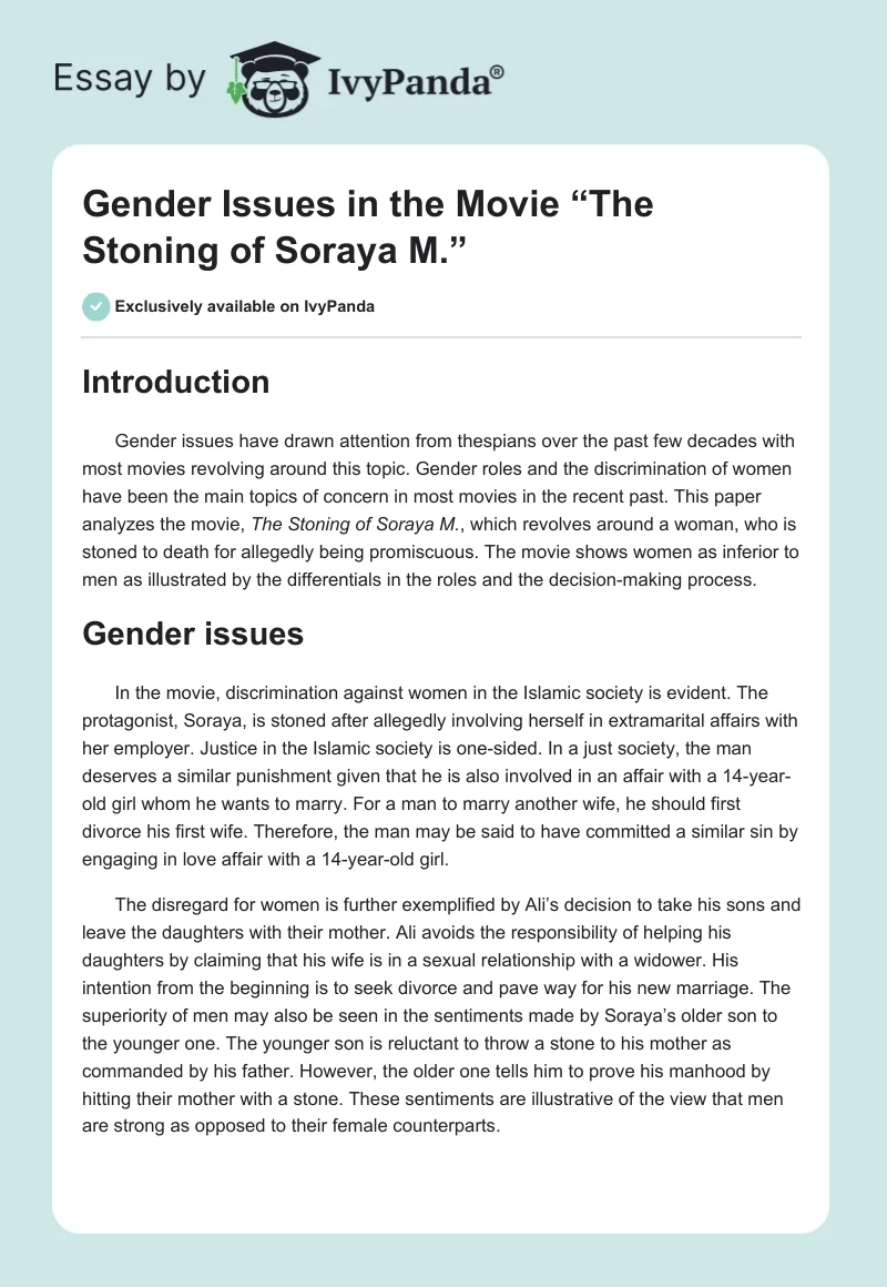 Gender Issues in the Movie “The Stoning of Soraya M.”. Page 1