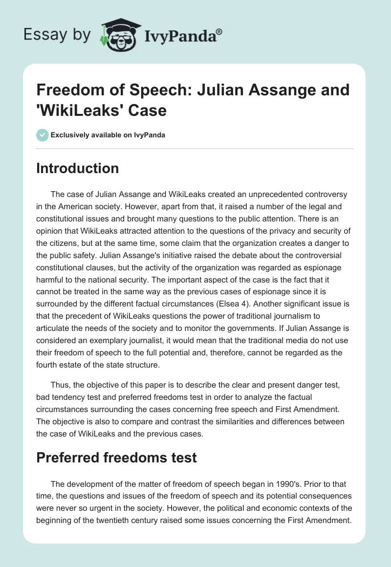 Freedom of Speech: Julian Assange and 'WikiLeaks' Case. Page 1