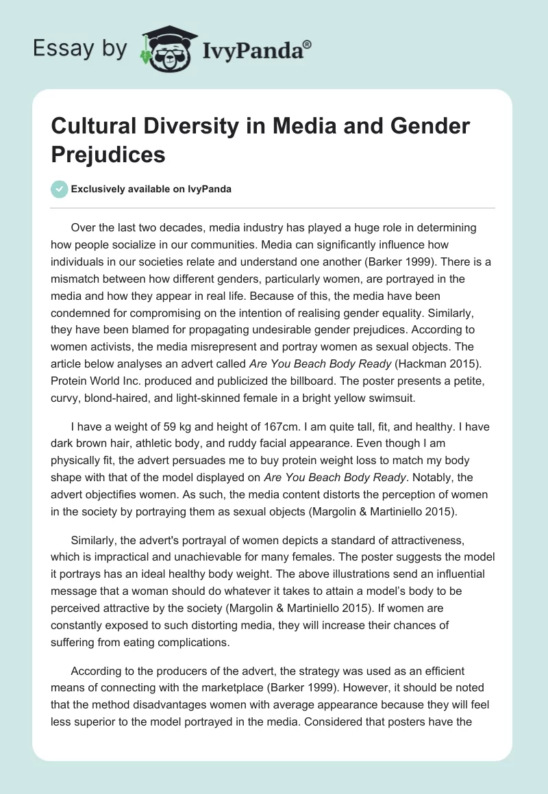 Cultural Diversity in Media and Gender Prejudices. Page 1