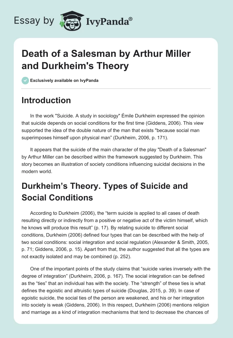 "Death of a Salesman" by Arthur Miller and Durkheim's Theory. Page 1