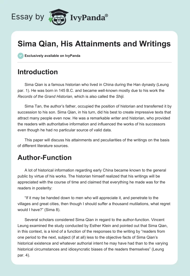 Sima Qian, His Attainments and Writings. Page 1