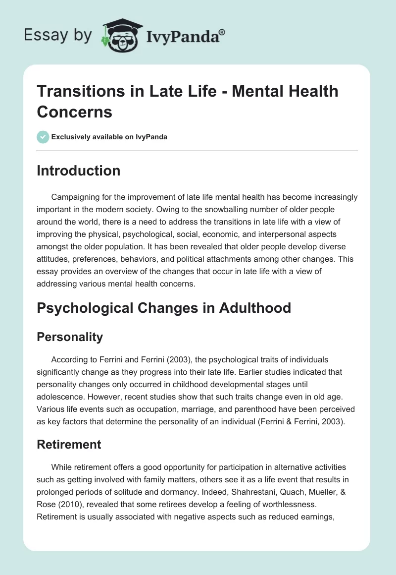 Transitions in Late Life - Mental Health Concerns. Page 1