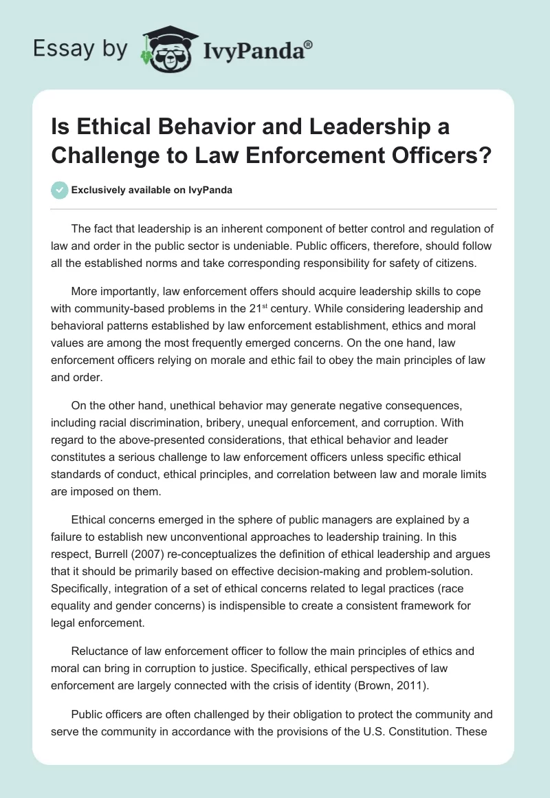 Is Ethical Behavior and Leadership a Challenge to Law Enforcement Officers?. Page 1
