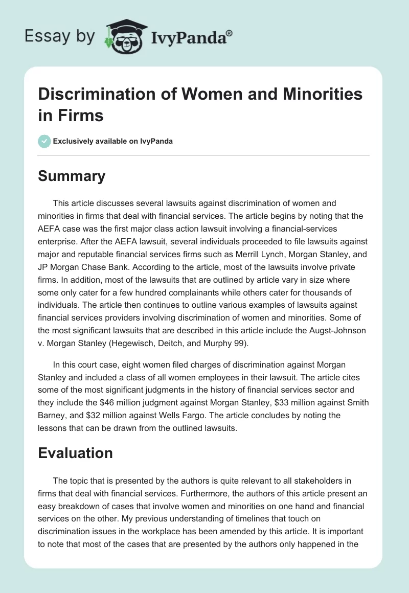 Discrimination of Women and Minorities in Firms. Page 1