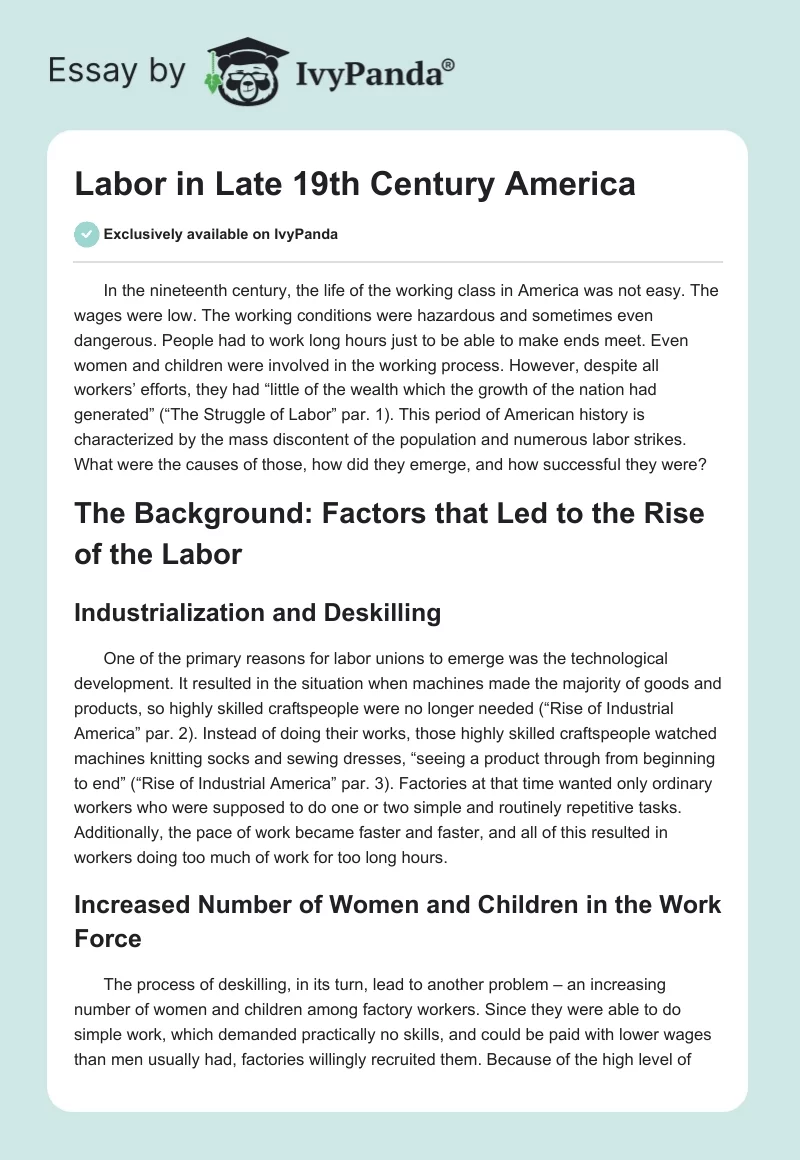 Labor in Late 19th Century America. Page 1