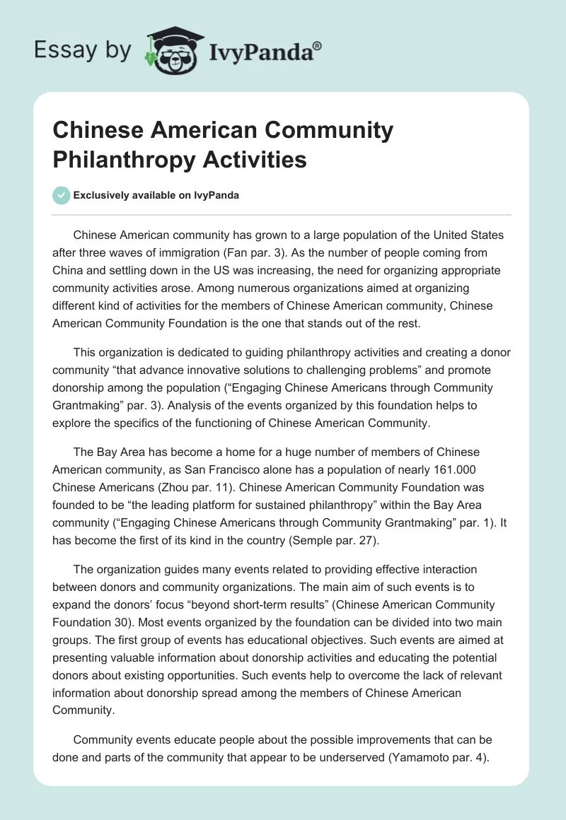 Chinese American Community Philanthropy Activities. Page 1