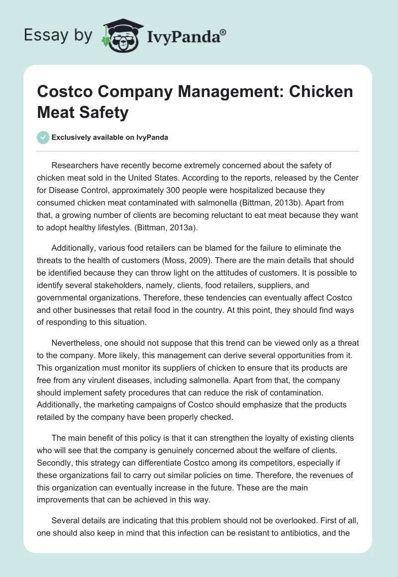 Costco Company Management: Chicken Meat Safety. Page 1
