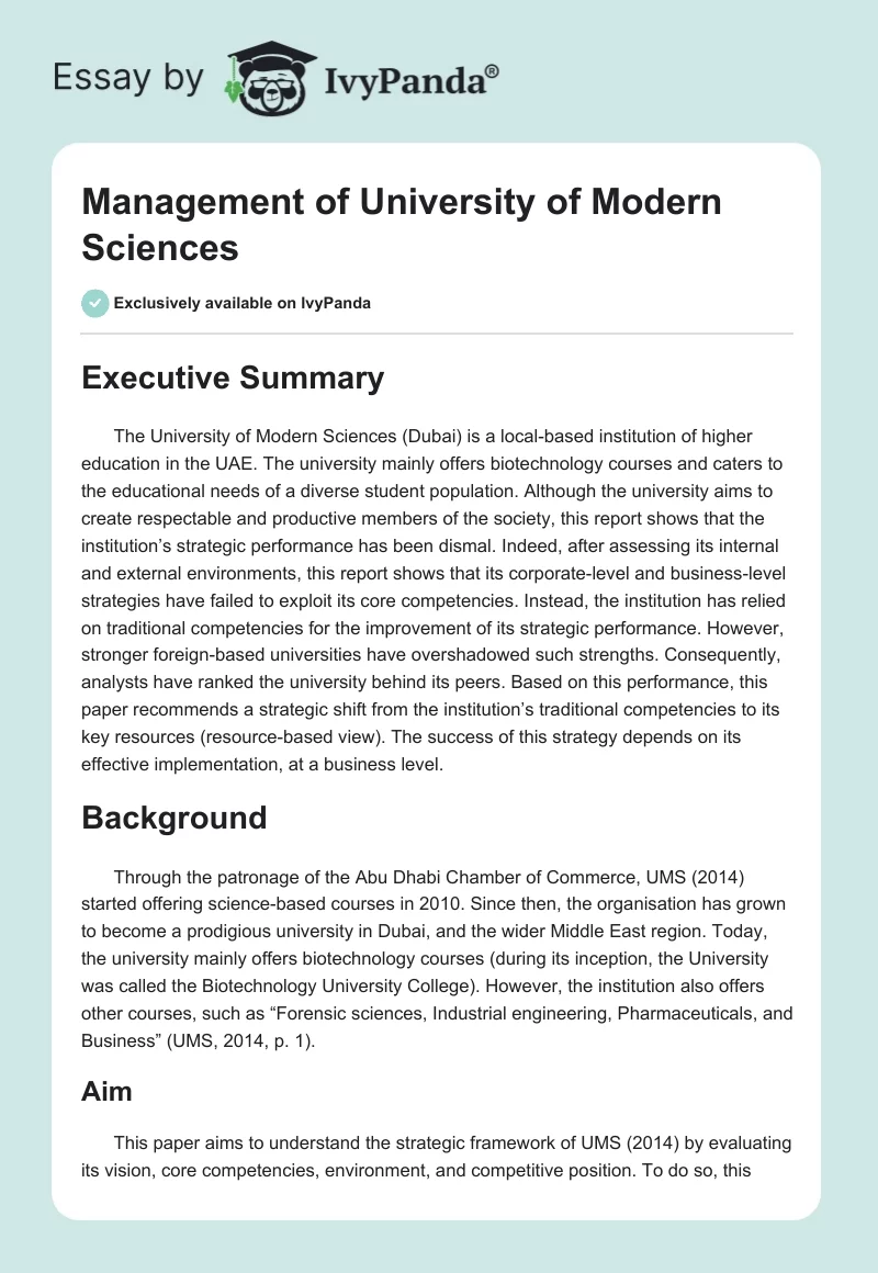 Management of University of Modern Sciences. Page 1