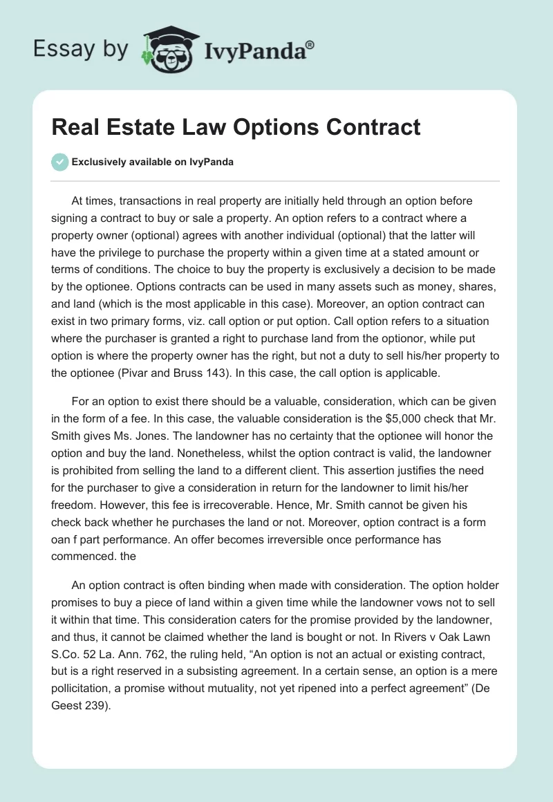 Real Estate Law "Options Contract". Page 1