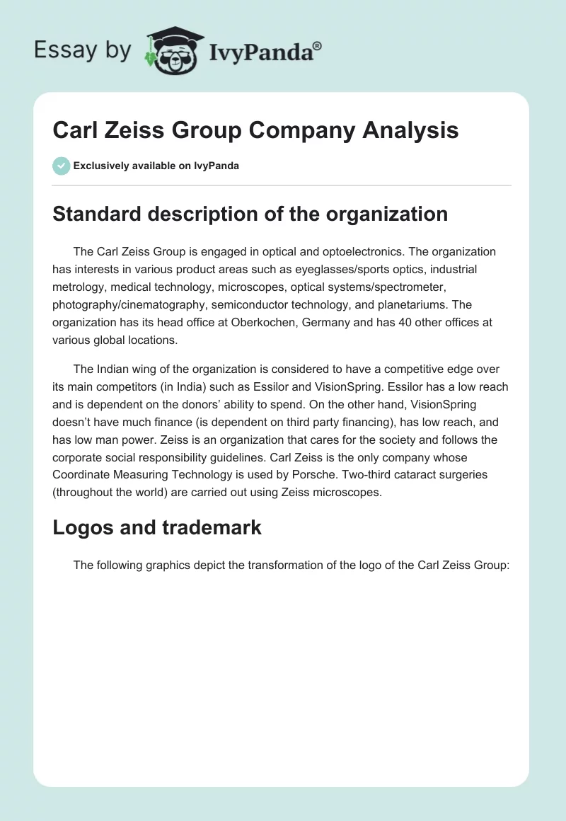 Carl Zeiss Group Company Analysis. Page 1