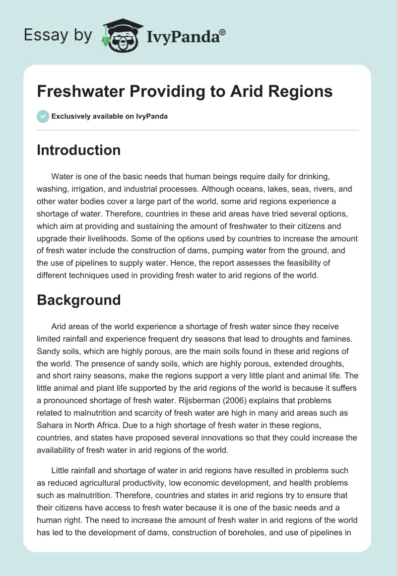 Freshwater Providing to Arid Regions. Page 1