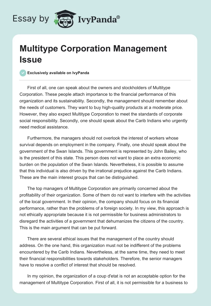 Multitype Corporation Management Issue. Page 1