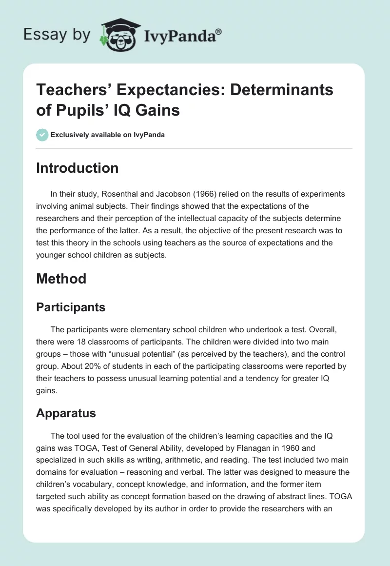 Teachers’ Expectancies: Determinants of Pupils’ IQ Gains. Page 1