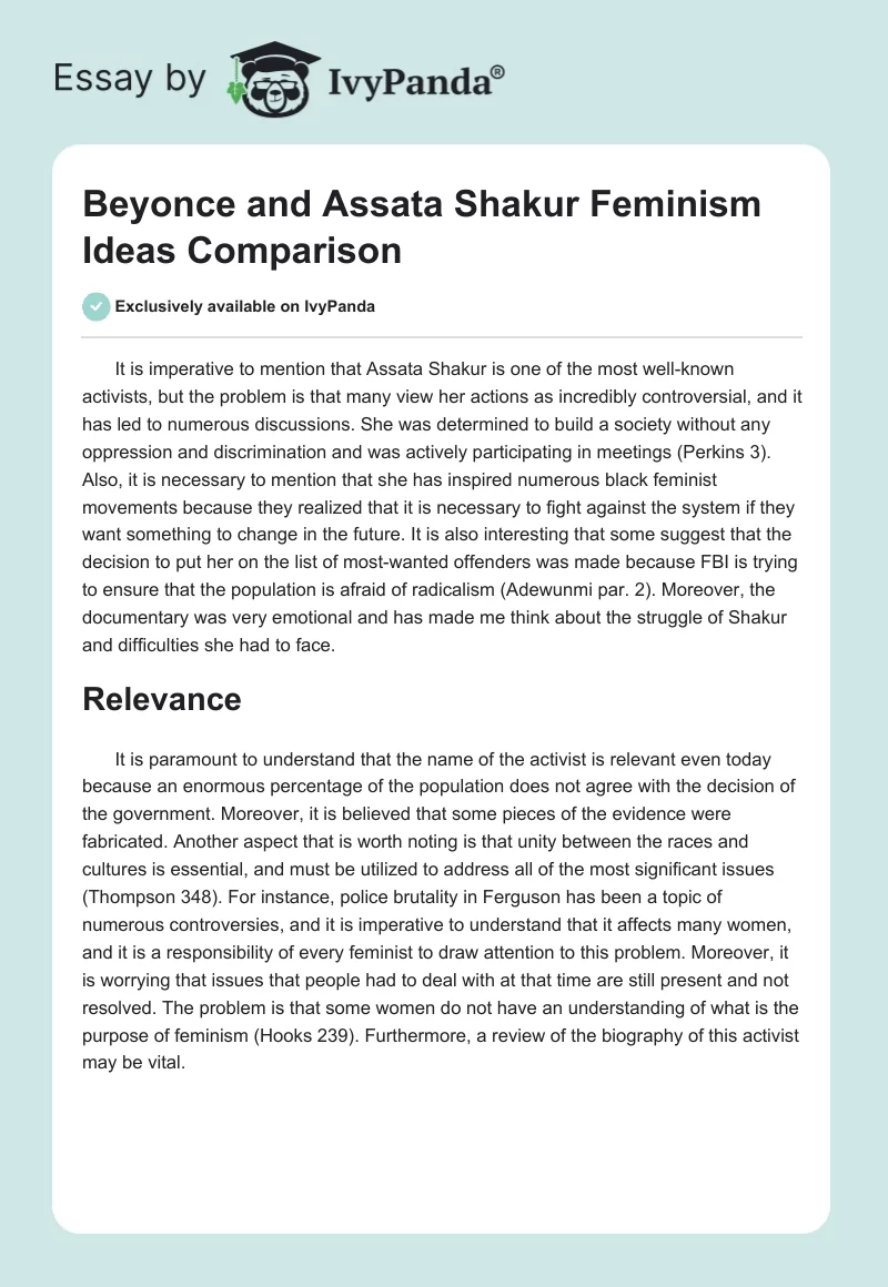 Beyonce and Assata Shakur Feminism Ideas Comparison. Page 1