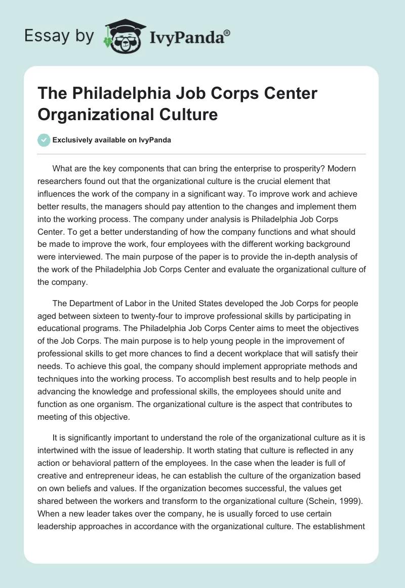 The Philadelphia Job Corps Center Organizational Culture. Page 1