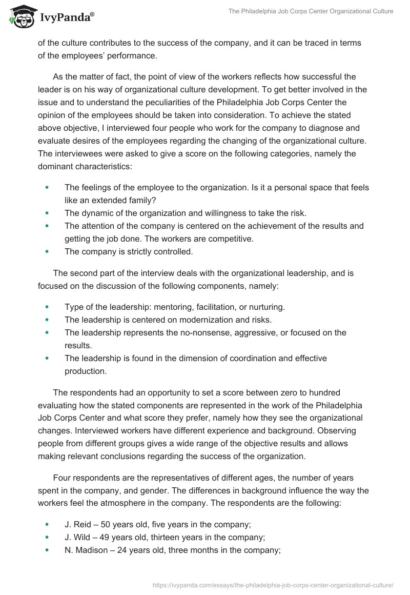 The Philadelphia Job Corps Center Organizational Culture. Page 2