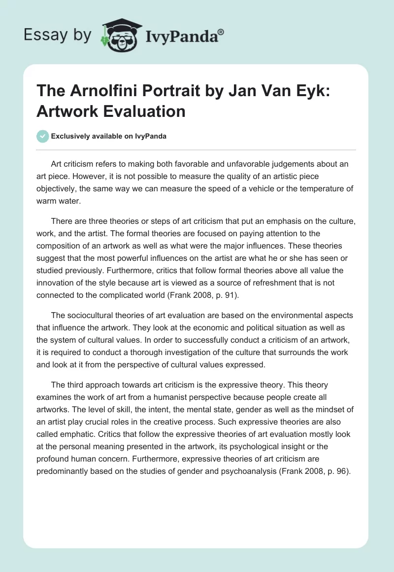 The Arnolfini Portrait by Jan Van Eyk: Artwork Evaluation. Page 1