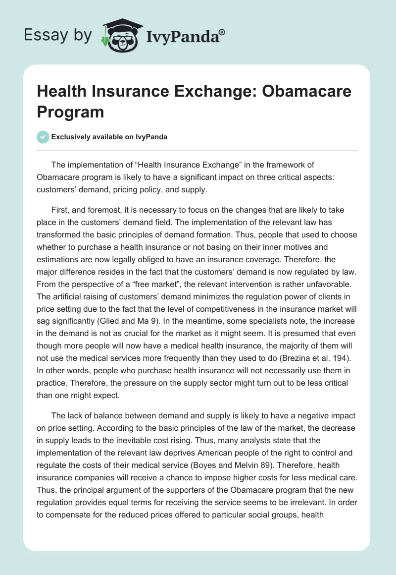Health Insurance Exchange: Obamacare Program. Page 1