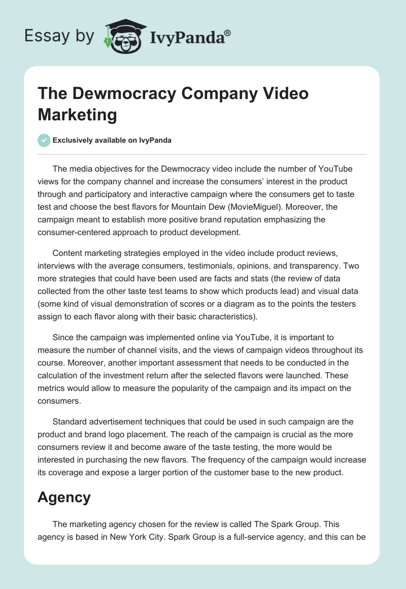 The Dewmocracy Company Video Marketing. Page 1