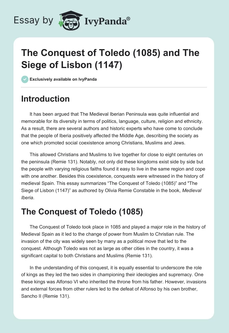 "The Conquest of Toledo (1085)" and "The Siege of Lisbon (1147)". Page 1